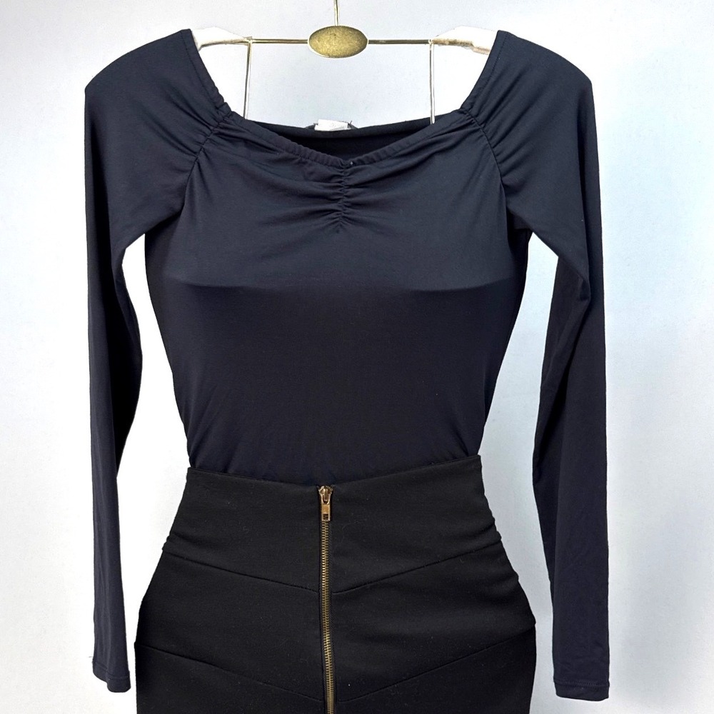 Coqueta Black Ruched Front Long Sleeve Scoop Neck Top Slim Fit Size Small